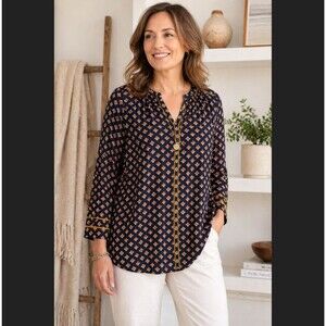 J Jill Embroidered Blouse Large Navy Geometric Pleated V Neck Peasant Rayon Boho